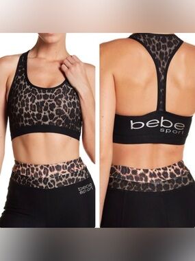 Bebe Sport Leopard Print Padded Bra Brown Black Small